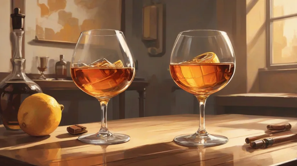 Ilustracja kieliszka brandy na stole, gdzie napój zajmuje większą część kadru. Brandy znajduje się w klasycznym kieliszku typu snifter, ukazując jego bogaty bursztynowy kolor. Sceneria jest współczesna, odzwierciedlająca nowoczesną europejską elegancję.