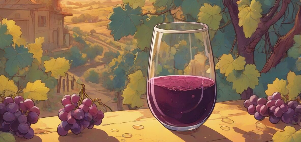 Ilustracja szklanki świeżo wyciśniętego soku winogronowego, znanego jako moszcz, na pierwszym planie. Szklanka jest wypełniona po brzegi głębokim, bogatym kolorem soku, z widocznymi na powierzchni małymi bąbelkami, wskazującymi na początek fermentacji. Skupienie na szklance i jej zawartości, uchwycając esencję przemiany z soku w wino.