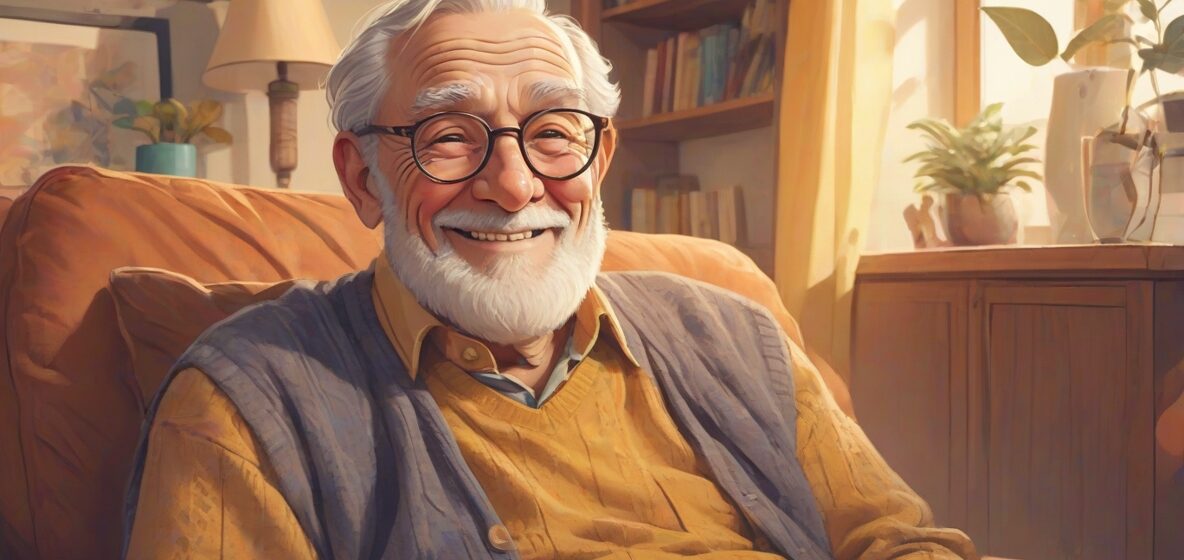 Ilustracja dziadka, mądrego starszego mężczyzny z okularami i życzliwym uśmiechem, siedzącego wygodnie w nowoczesnym europejskim salonie. Jest głównym punktem obrazu, emanując ciepłem i mądrością.
