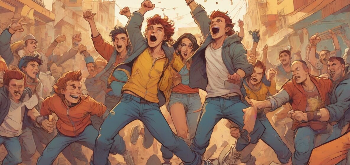 Ilustracja grupy europejskich kiboli, widocznie agresywnych i pełnych pasji, zajmujących większość kadru. Są ubrani we współczesne, codzienne ubrania, ukazując swoją buntowniczą naturę.