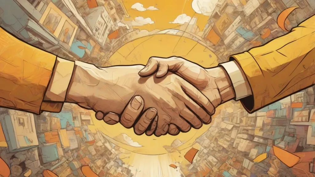 Ilustracja uścisku dłoni, symbolizująca porozumienie i współpracę. Skupienie na dwóch dłoniach zaciśniętych razem, reprezentujących jedność i wzajemne zrozumienie. Obraz powinien oddawać poczucie harmonii i współpracy.