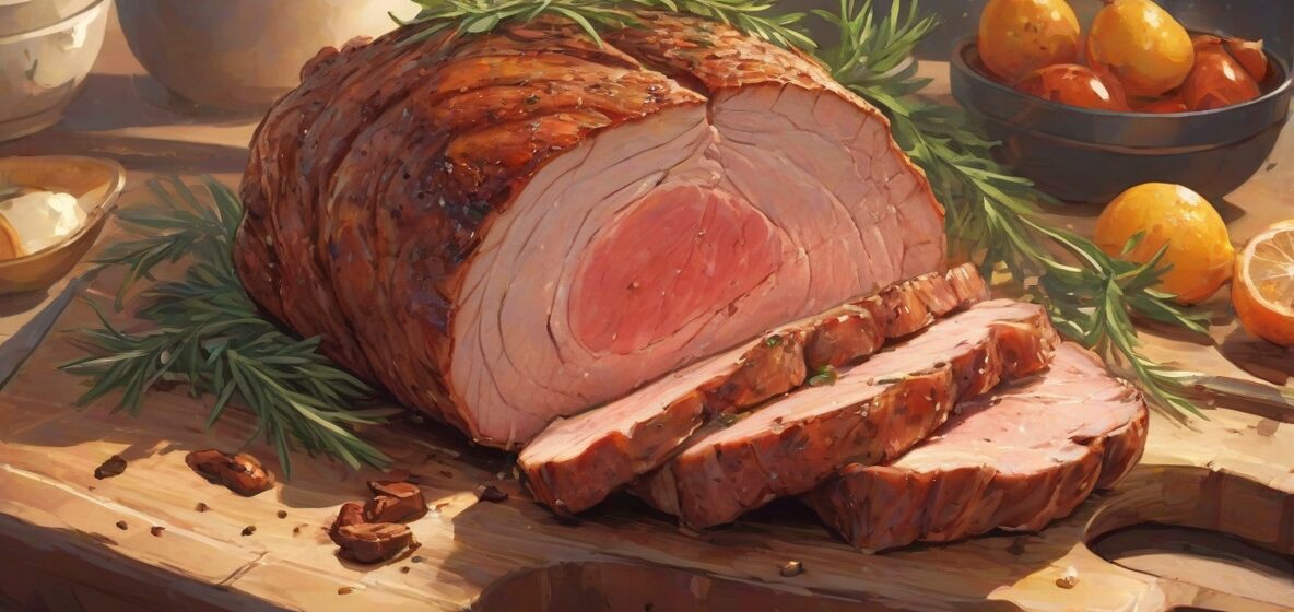 Ilustracja soczystej pieczeni, idealnie upieczonej i błyszczącej, umieszczonej na drewnianej desce do krojenia. Mięso jest pokrojone, ukazując jego delikatne wnętrze, i ozdobione świeżymi ziołami. Głównym punktem jest sama pieczeń, zajmująca większość kadru.