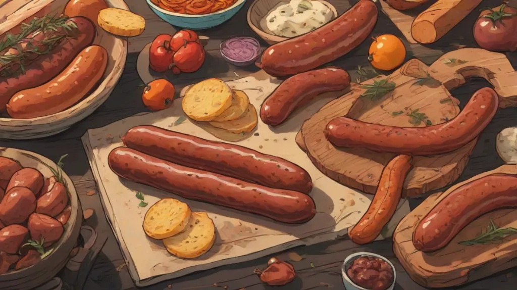 Ilustracja kabanosa, rodzaju cienkiej, wędzonej kiełbaski, wyraźnie widocznej na pierwszym planie. Kabanos powinien być dobrze widoczny, ukazując jego bogatą, aromatyczną teksturę i głęboki kolor, charakterystyczny dla europejskich przysmaków.