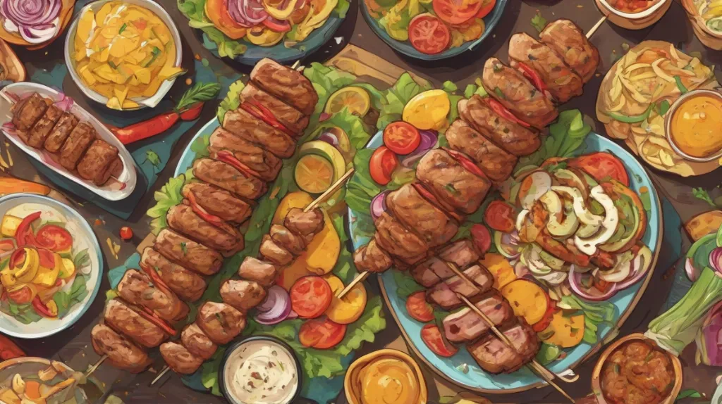 Ilustracja kebaba na szpadzie, żywo kolorowana, z soczystymi kawałkami mięsa i świeżymi warzywami. Kebab jest głównym punktem, zajmując większość kadru, ukazując żywiołowy i apetyczny charakter tego popularnego dania.