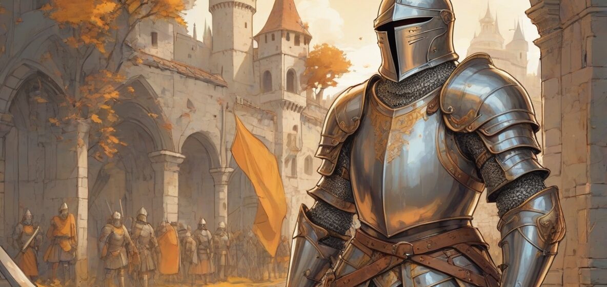 Ilustracja rycerza w pełnej zbroi, stojącego wyraźnie na pierwszym planie. Rycerz jest przedstawiony jako silna i waleczna postać, ucieleśniająca tradycyjne wartości odwagi i honoru. Zbroja jest szczegółowa, odzwierciedlając historyczną istotę średniowiecznego europejskiego rycerza.