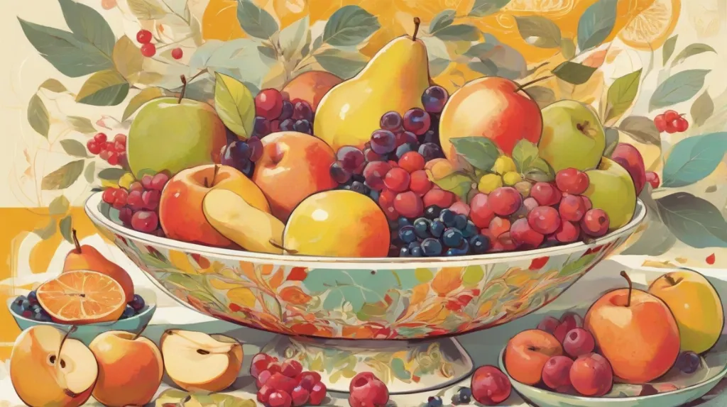 Ilustracja dużej, kolorowej miski z kompotem owocowym, wypełnionej różnymi owocami, takimi jak jabłka, gruszki i jagody. Kompot jest głównym elementem, zajmuje większość kadru, i jest przedstawiony w nowoczesnej europejskiej kuchni.