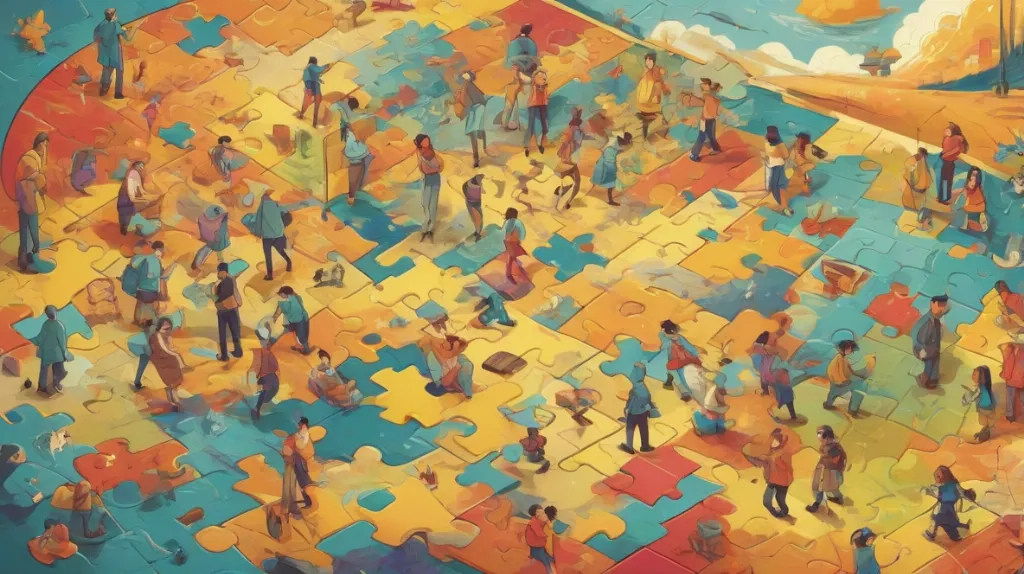 Ilustracja dużego, kolorowego kawałka puzzli na pierwszym planie, symbolizującego złożoność i rozwiązywanie problemów.