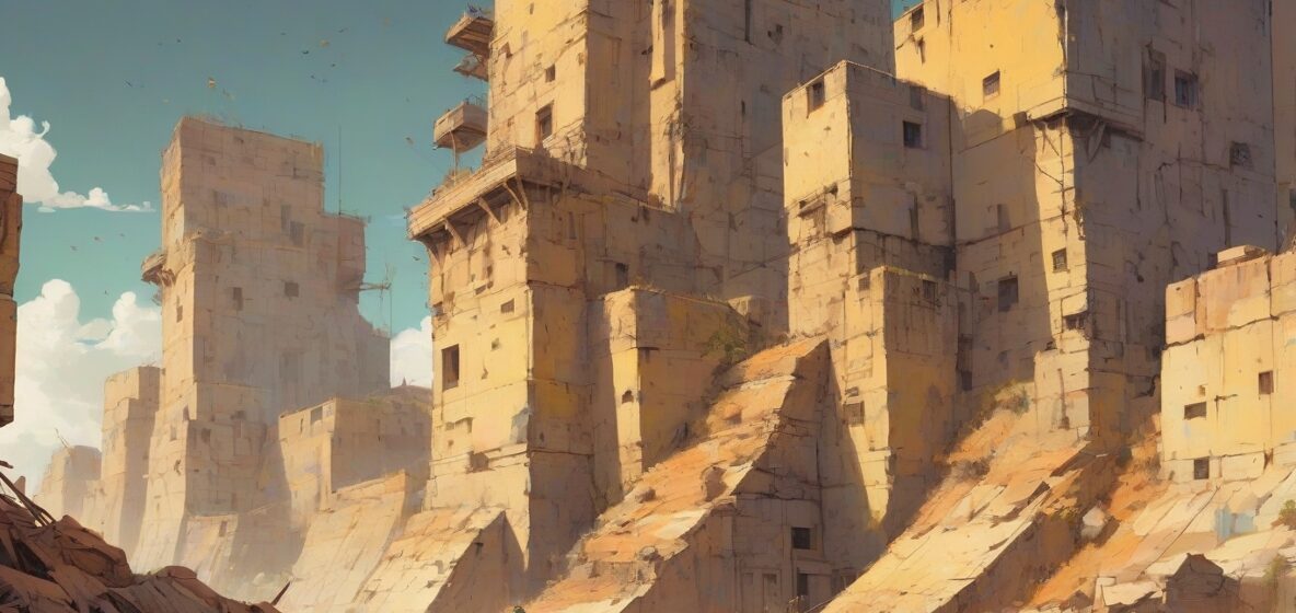 Ilustracja dużego, imponującego muru, który dominuje na pierwszym planie. Mur jest stary i zwietrzały, co sugeruje poczucie historii i wytrzymałości. Jest ustawiony na tle jasnego nieba, co podkreśla jego wysokość i siłę.