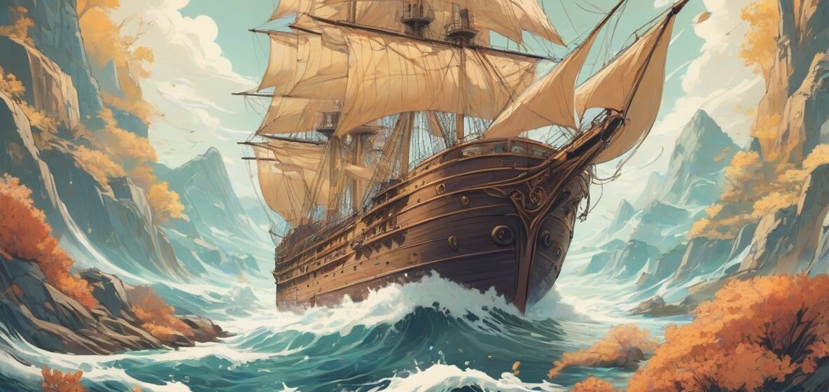 Ilustracja dużego, majestatycznego okrętu płynącego po spokojnych wodach. Okręt jest głównym elementem, ukazującym swoją wielkość i elegancję.