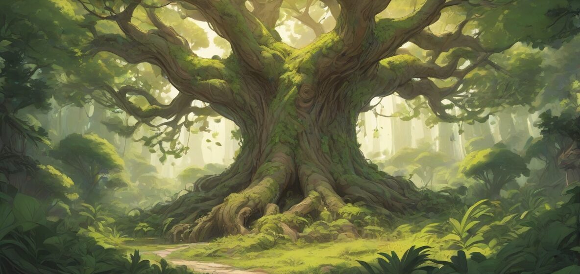 Ilustracja dużego, majestatycznego drzewa z rozłożystymi gałęziami i bujnymi zielonymi liśćmi. Drzewo jest centralnym punktem, dominującym scenę swoją imponującą wielkością i misternymi detalami.