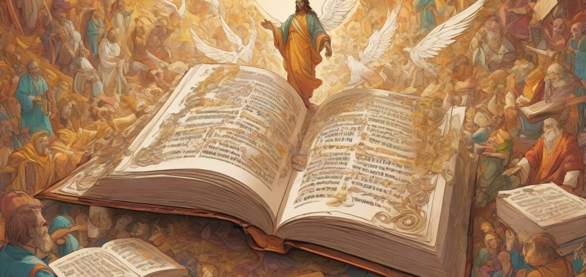 Ilustracja dużej, otwartej księgi ewangelii wyeksponowanej na pierwszym planie. Strony wypełnione są misternym, dekoracyjnym pismem i iluminowanymi literami, oddając istotę duchowej mądrości i prawdy.