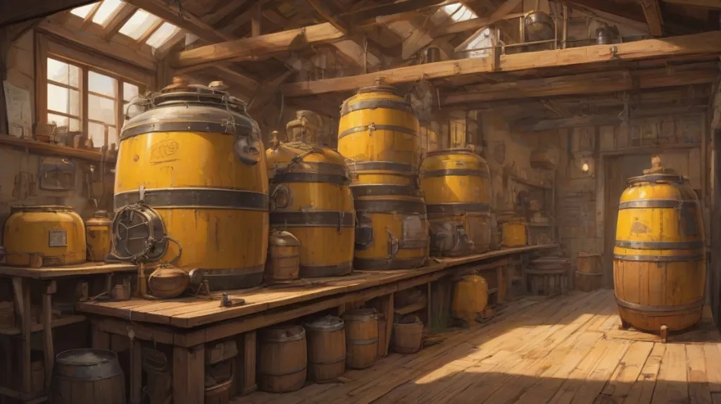 Ilustracja dużej, zabytkowej kadzi wyeksponowanej na pierwszym planie. Kadź wykonana jest ze starego drewna z metalowymi obręczami, co nadaje jej antyczny wygląd. Sceneria jest współczesna, sugerując połączenie starego z nowym.