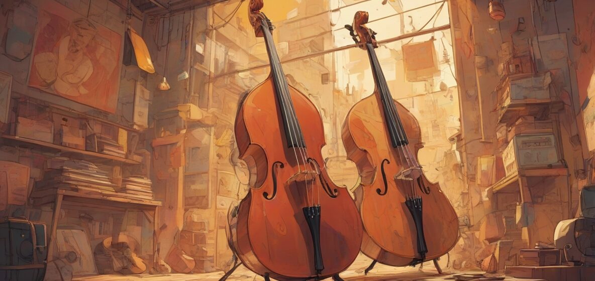 Ilustracja dużego, widocznego kontrabasu na pierwszym planie, z wyraźnie zarysowanymi strunami i korpusem, reprezentującego głębokie emocje i wewnętrzną siłę. Nowoczesne otoczenie, z kontrabasem dominującym obraz, symbolizującym harmonię i równowagę.