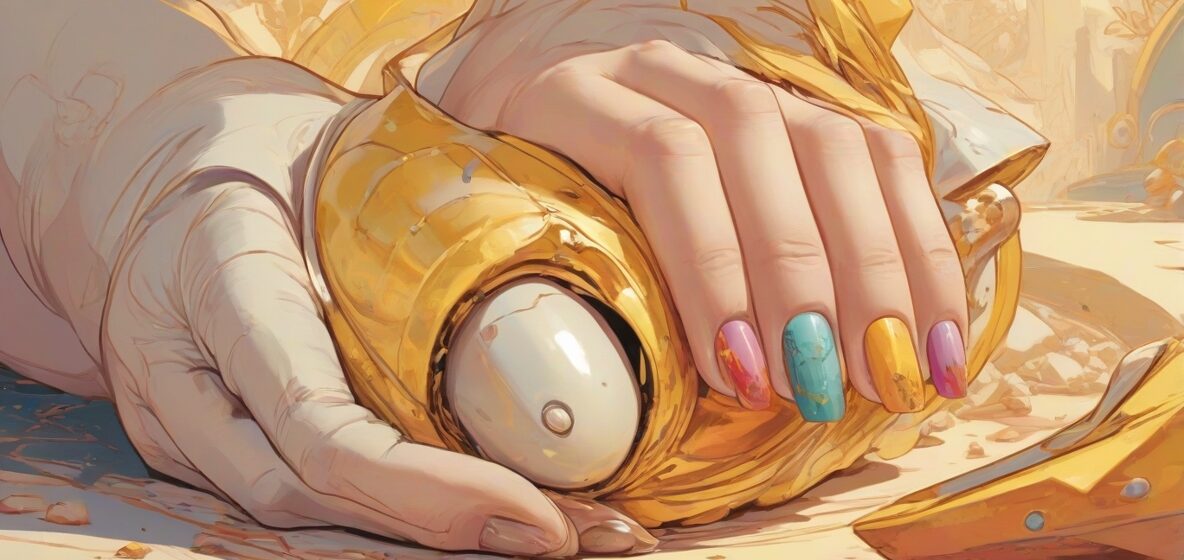 Ilustracja dużego, zadbanego paznokcia z błyszczącym wykończeniem, zajmującego większość kadru. Paznokieć jest wyraźnie wyeksponowany, podkreślając jego gładką strukturę i wypolerowany wygląd.