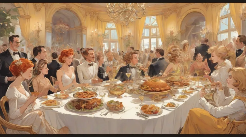 Ilustracja wystawnego stołu bankietowego w nowoczesnym europejskim otoczeniu, z elegancko ubranymi ludźmi delektującymi się różnorodnymi daniami gourmet. Skupienie na wystawnym stole, zastawionym wykwintnym jedzeniem i akcesoriami do fine dining, oddającym istotę współczesnego świętowania.