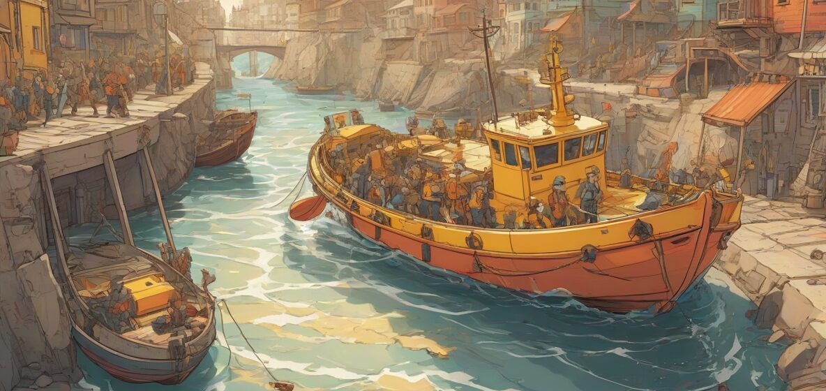 Ilustracja łodzi ratunkowej w czasach współczesnych, wyraźnie widocznej na pierwszym planie. Łódź ratunkowa jest dobrze widoczna i zajmuje znaczną część sceny, podkreślając jej znaczenie i obecność.