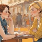 Ilustracja długiej rozmowy między dwiema współczesnymi kobietami, siedzącymi naprzeciw siebie, z wyrazistą gestykulacją, w emocjonalnym, ale spokojnym nastroju, we współczesnym europejskim kontekście, z naciskiem na postacie na pierwszym planie.