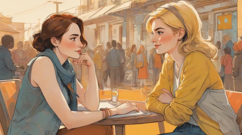 Ilustracja długiej rozmowy między dwiema współczesnymi kobietami, siedzącymi naprzeciw siebie, z wyrazistą gestykulacją, w emocjonalnym, ale spokojnym nastroju, we współczesnym europejskim kontekście, z naciskiem na postacie na pierwszym planie.