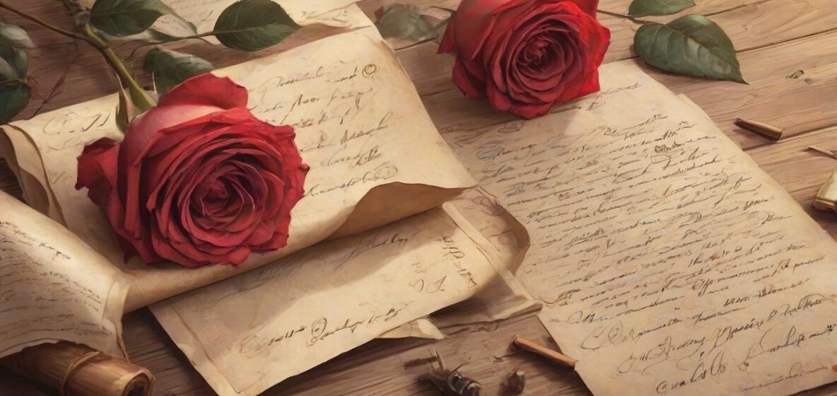 Ilustracja listu miłosnego na starym drewnianym stole. List jest otwarty, ukazując eleganckie pismo na pożółkłym papierze. Obok leży czerwona róża, dodając romantycznego akcentu. Skupienie na liście i róży, z miękkim, ciepłym oświetleniem podkreślającym intymną atmosferę.
