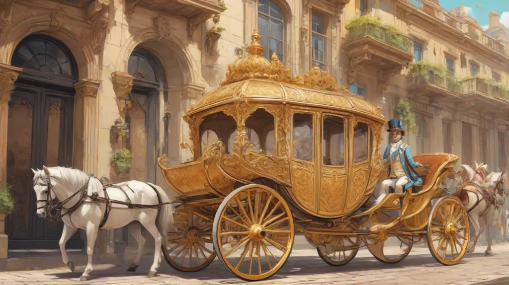 Ilustracja luksusowej karety z XVIII wieku, z misternymi detalami i eleganckim designem, na tle współczesnym, aby podkreślić jej historyczne znaczenie.