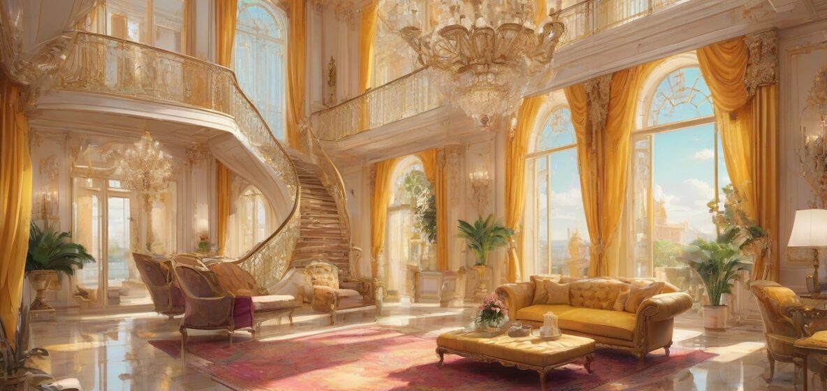 Ilustracja luksusowej rezydencji w współczesnym europejskim otoczeniu, ukazująca jej wspaniałość i przepych. Rezydencja jest wyraźnie widoczna, zajmując większość kadru, z podkreślonymi skomplikowanymi detalami architektonicznymi.