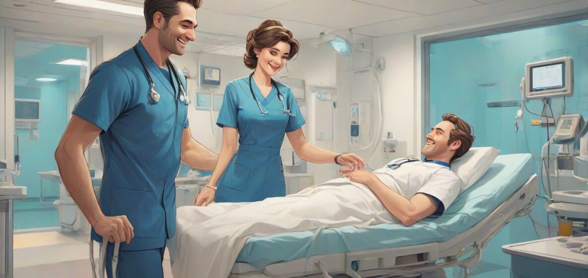 Ilustracja pielęgniarza mężczyzny w nowoczesnym europejskim szpitalu, ubranego w niebieski uniform i pomagającego pacjentowi. Pielęgniarz znajduje się na pierwszym planie, jest wyraźnie widoczny i zajmuje większość kadru.