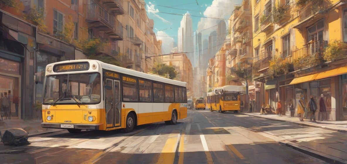 Ilustracja nowoczesnego europejskiego autobusu w miejskim otoczeniu. Autobus jest wyeksponowany na pierwszym planie, zajmując większość kadru i prezentując swój elegancki, współczesny design.