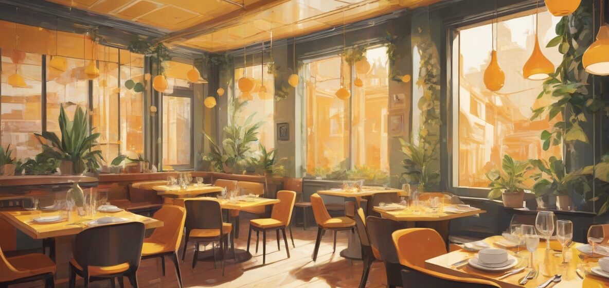 Ilustracja nowoczesnej europejskiej restauracji, z naciskiem na pięknie nakryty stół. Stół zdobią eleganckie naczynia i sztućce, oddające istotę współczesnego biesiadowania.