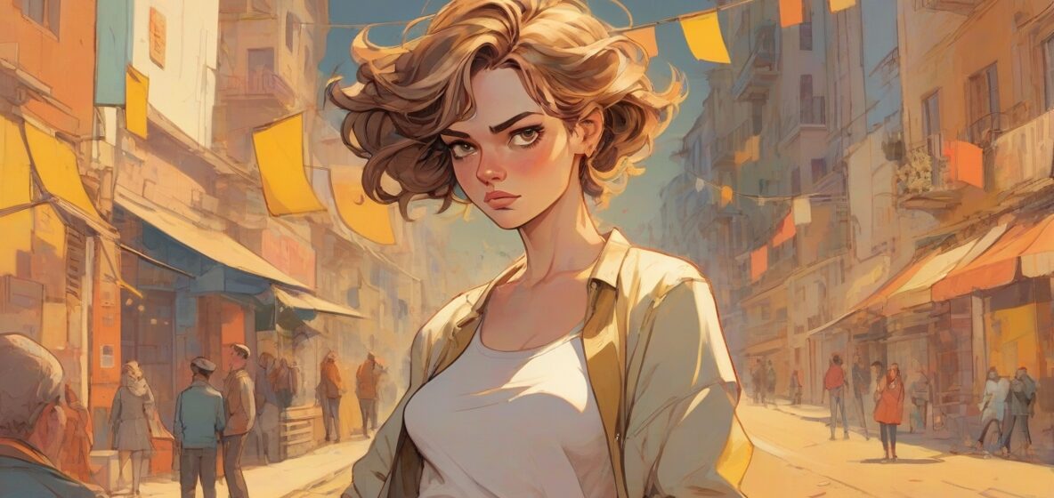 Ilustracja współczesnej europejskiej kobiety z surowym wyrazem twarzy, stojącej wyraźnie na pierwszym planie, ukazująca koncepcję obrazy. Jej postura i wyraz twarzy wyraźnie pokazują poczucie zniewagi i oburzenia.