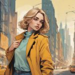 Ilustracja nowoczesnej europejskiej kobiety stojącej na rozdrożu we współczesnym mieście, trzymającej w dłoniach dwie subtelne symboliczne możliwości, motyw decyzji jako temat główny, nastrojowy klimat, postać na pierwszym planie, wyraźnie widoczna, zajmująca większą część kadru.