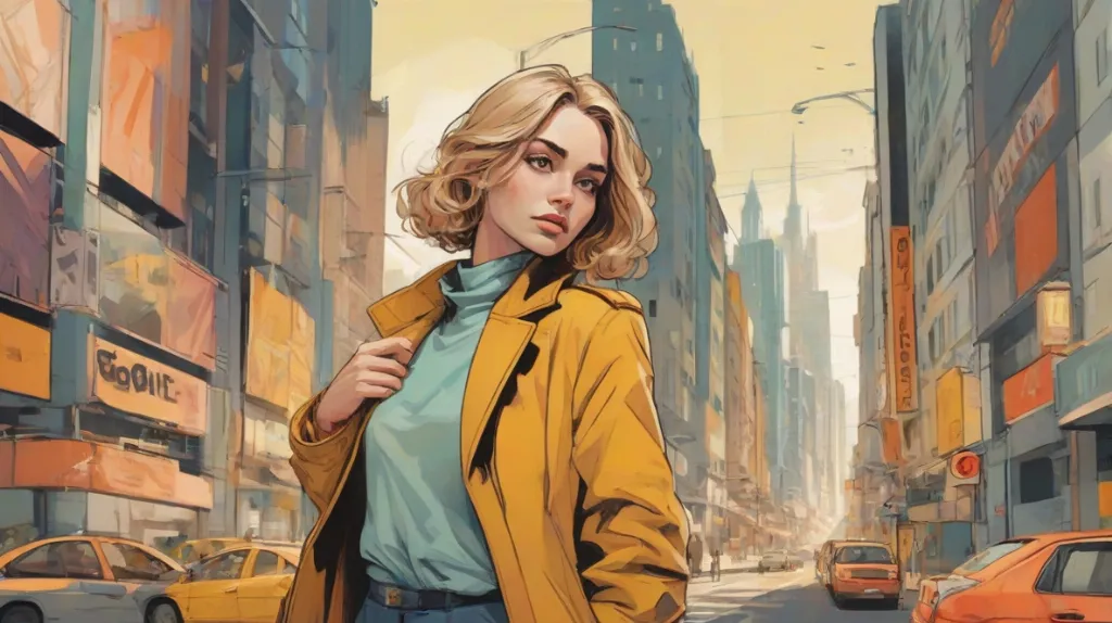 Ilustracja nowoczesnej europejskiej kobiety stojącej na rozdrożu we współczesnym mieście, trzymającej w dłoniach dwie subtelne symboliczne możliwości, motyw decyzji jako temat główny, nastrojowy klimat, postać na pierwszym planie, wyraźnie widoczna, zajmująca większą część kadru.