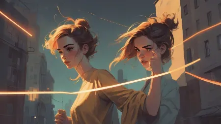 Ilustracja nowoczesnej europejskiej kobiety na pierwszym planie, wyraźnie widocznej, wykonującej zdecydowany gest odcięcia świetlistej linii symbolizującej emocjonalne oddzielenie, współczesny minimalistyczny styl, mocne skupienie na akcie odcięcia, subtelny miejski nastrój.