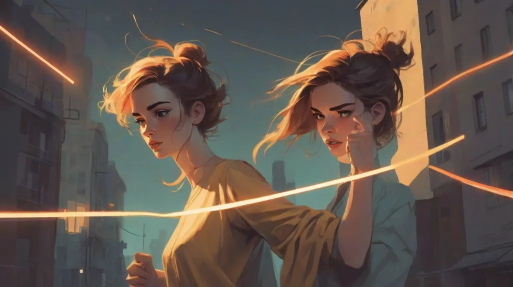 Ilustracja nowoczesnej europejskiej kobiety na pierwszym planie, wyraźnie widocznej, wykonującej zdecydowany gest odcięcia świetlistej linii symbolizującej emocjonalne oddzielenie, współczesny minimalistyczny styl, mocne skupienie na akcie odcięcia, subtelny miejski nastrój.