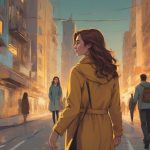 Ilustracja przedstawiająca nowoczesną europejską kobietę odchodzącą od rozmytego symbolu więzi dwojga ludzi, emocjonalny dystans i unikanie bliskości, współczesny miejski klimat, subtelne napięcie, filmowe oświetlenie.