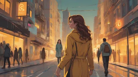 Ilustracja przedstawiająca nowoczesną europejską kobietę odchodzącą od rozmytego symbolu więzi dwojga ludzi, emocjonalny dystans i unikanie bliskości, współczesny miejski klimat, subtelne napięcie, filmowe oświetlenie.