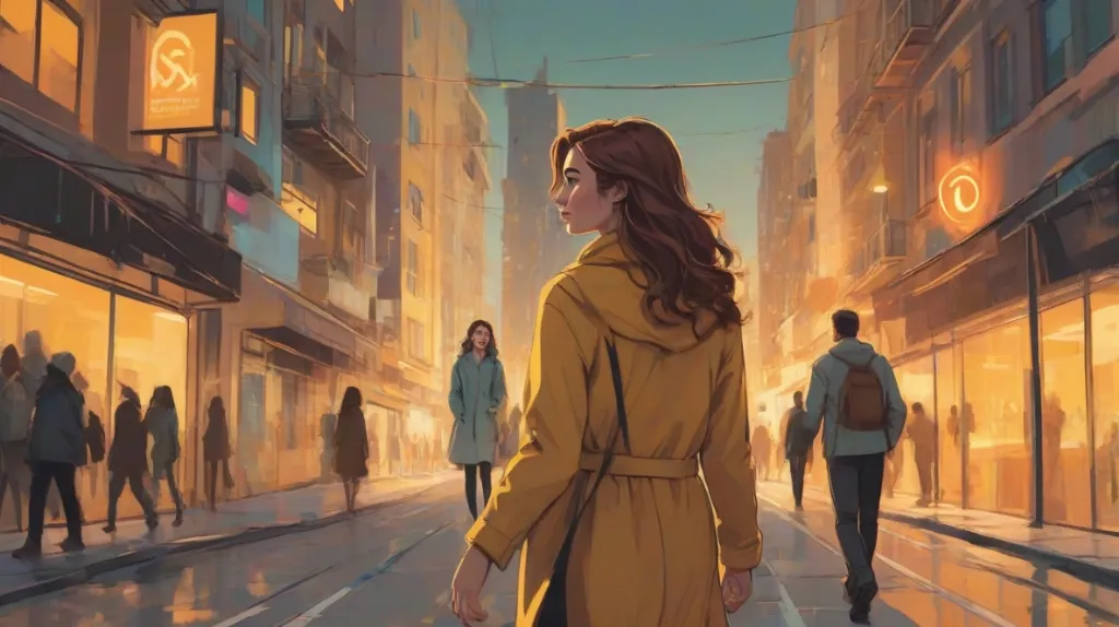 Ilustracja przedstawiająca nowoczesną europejską kobietę odchodzącą od rozmytego symbolu więzi dwojga ludzi, emocjonalny dystans i unikanie bliskości, współczesny miejski klimat, subtelne napięcie, filmowe oświetlenie.