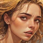 Ilustracja przedstawiająca współczesną europejską kobietę zlaną potem, pokazana w zbliżeniu na pierwszym planie, z widoczną wilgocią na skórze i włosach, z intensywnym wyczerpanym wyrazem twarzy, w realistycznym nowoczesnym stylu.