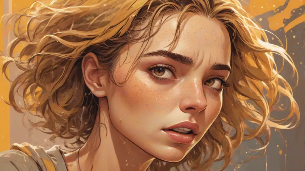 Ilustracja przedstawiająca współczesną europejską kobietę zlaną potem, pokazana w zbliżeniu na pierwszym planie, z widoczną wilgocią na skórze i włosach, z intensywnym wyczerpanym wyrazem twarzy, w realistycznym nowoczesnym stylu.