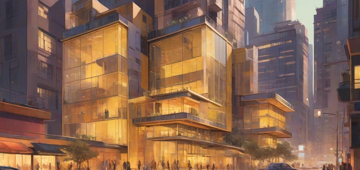 Ilustracja nowoczesnej struktury architektonicznej, wyraźnie widoczna na pierwszym planie. Budowla prezentuje eleganckie linie i współczesny design, podkreślając jej znaczenie w miejskim krajobrazie.