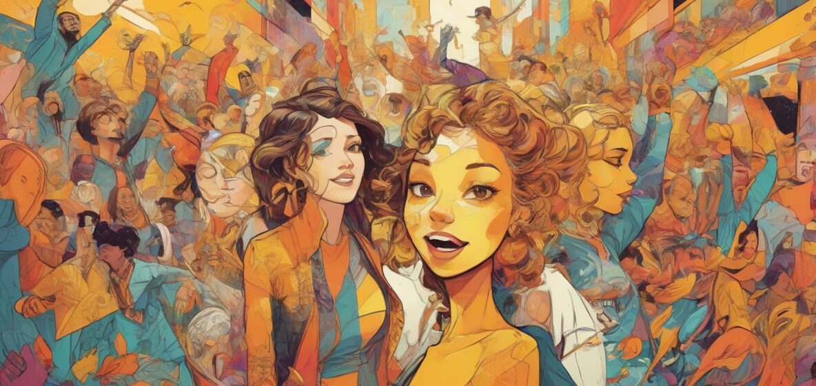 Ilustracja nowoczesnego dzieła sztuki, pełnego żywych kolorów i abstrakcyjnych form, zajmującego centralne miejsce na obrazie.