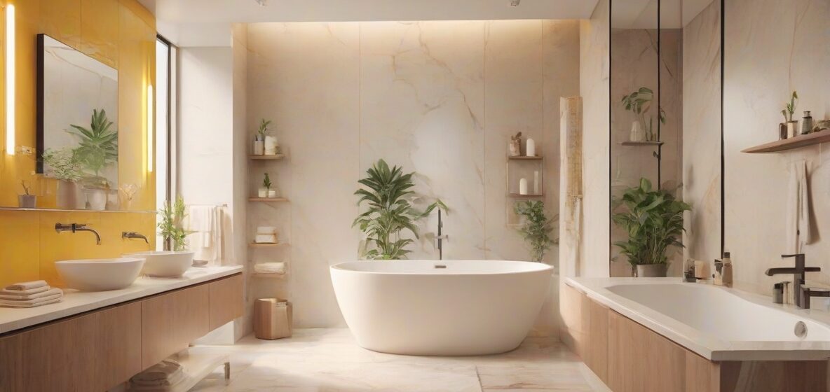 Ilustracja nowoczesnej łazienki, z eleganckimi armaturami i dużym lustrem. Łazienka jest jasna i czysta, z nowoczesnymi elementami designu.