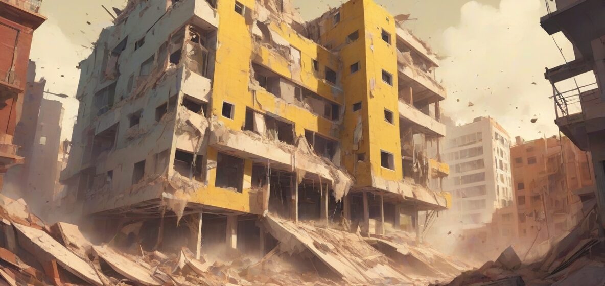 Ilustracja współczesnego budynku zawalającego się, uchwycona w dramatycznym momencie z pyłem i gruzem w powietrzu. Scena rozgrywa się we współczesnym europejskim mieście, podkreślając niespodziewany charakter wydarzenia.