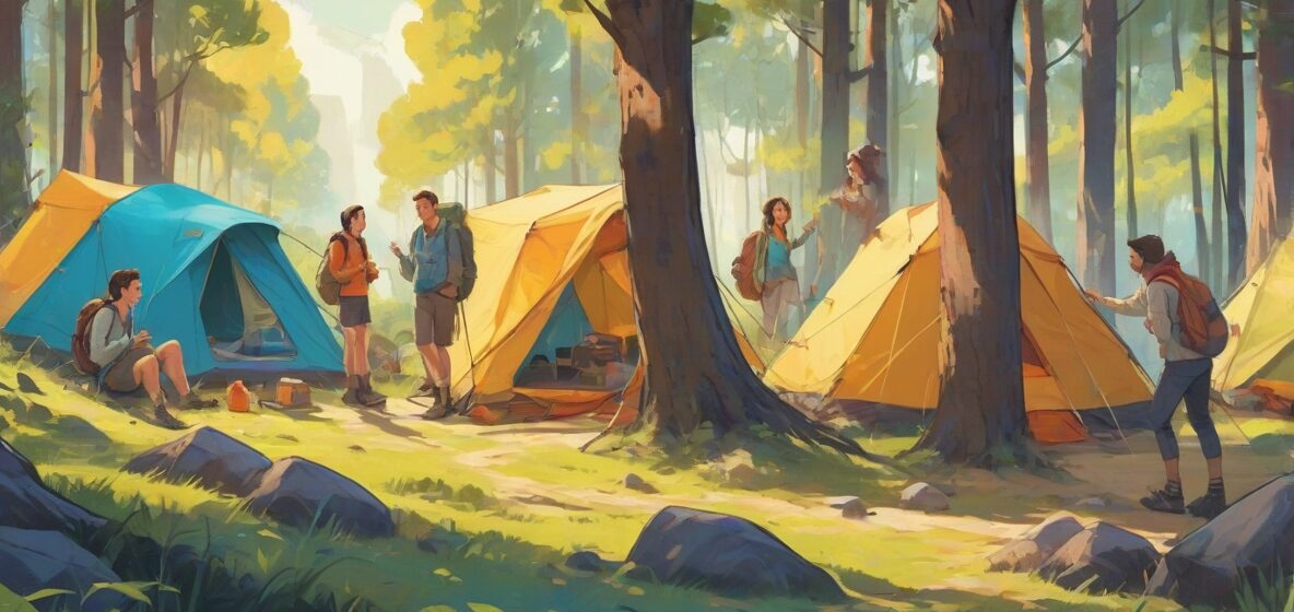 Ilustracja współczesnej sceny kempingowej w Europie, przedstawiająca grupę przyjaciół rozstawiających namioty w bujnym zielonym lesie, z czystym niebieskim niebem nad nimi. Skupienie na żywych, kolorowych namiotach i radosnych wyrazach twarzy przyjaciół cieszących się przygodą na łonie natury.