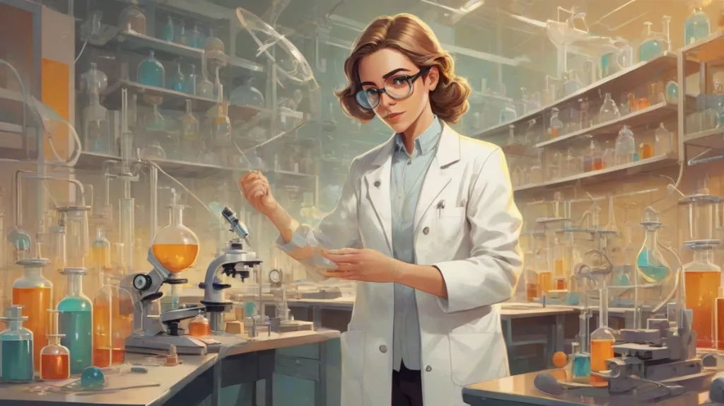 Ilustracja współczesnego chemika w laboratorium, skupionego na skomplikowanym eksperymencie. Chemik, być może europejska kobieta, ma na sobie biały fartuch laboratoryjny i okulary ochronne, a wokół niej znajduje się różnorodny sprzęt naukowy. Scena uchwyca istotę naukowego dociekania i odkrywania.