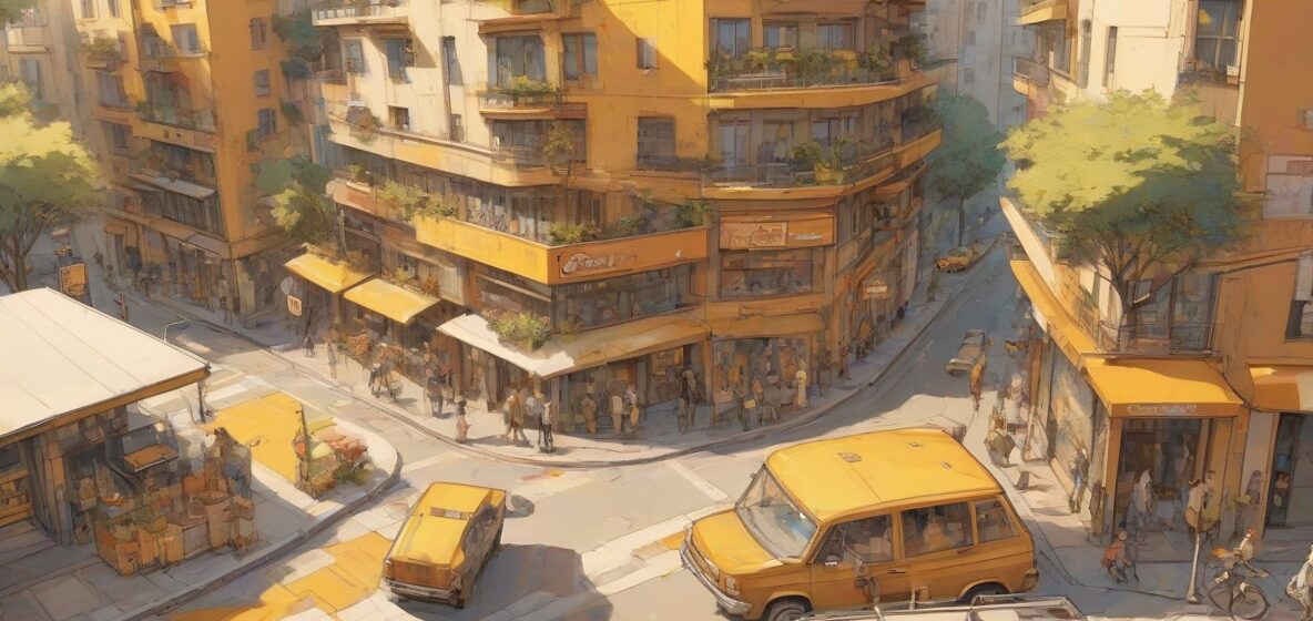 Ilustracja nowoczesnego narożnika w europejskim miejskim otoczeniu. Narożnik jest wyraźnie widoczny, ukazując swoje ostre kąty i architektoniczny design.