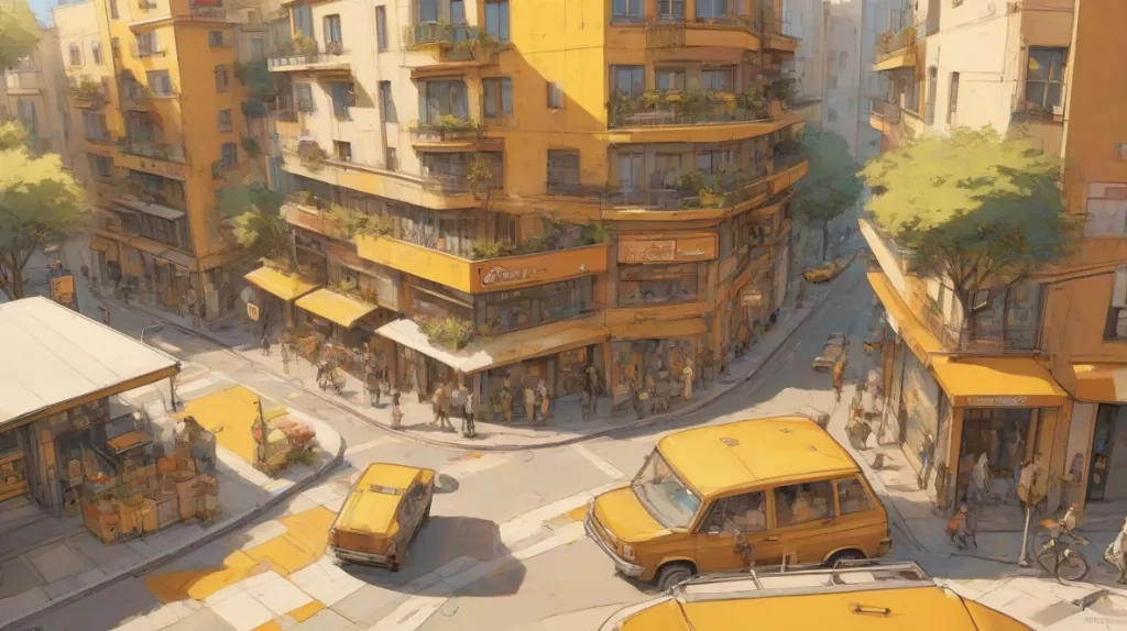 Ilustracja nowoczesnego narożnika w europejskim miejskim otoczeniu. Narożnik jest wyraźnie widoczny, ukazując swoje ostre kąty i architektoniczny design.