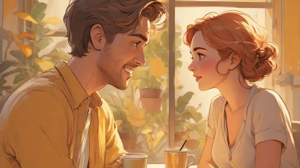 Ilustracja nowoczesnej pary prowadzącej intymną rozmowę, zbliżenie, współczesny europejski kontekst, subtelne emocje, naturalna mimika, miękkie eleganckie światło.