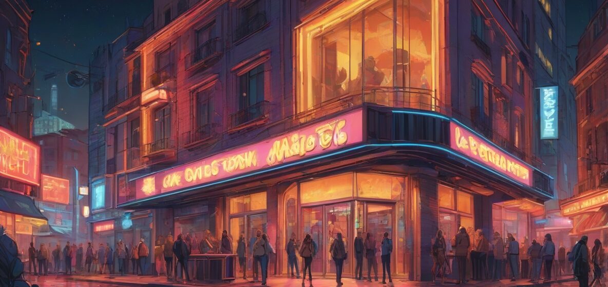 Ilustracja współczesnego domu publicznego w europejskim mieście, z naciskiem na fasadę budynku, ukazującą neonowe światła i zachęcające wejście. Scena rozgrywa się wieczorem, podkreślając tętniącą życiem atmosferę nocną.