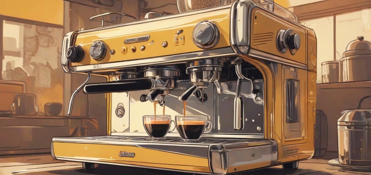 Ilustracja nowoczesnego ekspresu do kawy, wyraźnie widocznego i zajmującego większą część kadru, ukazującego jego elegancki design i metaliczne wykończenie.