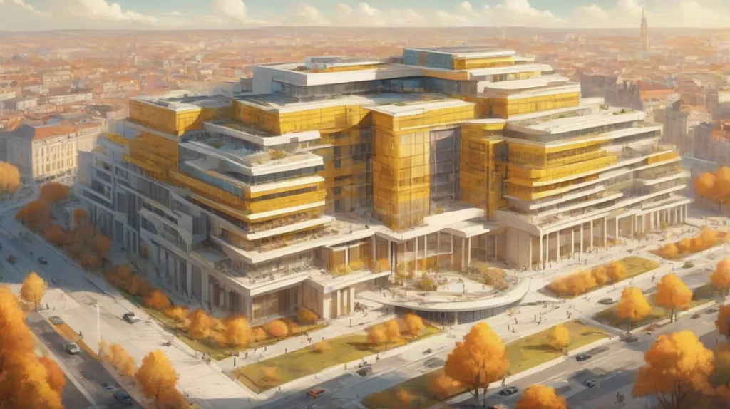 Ilustracja nowoczesnego budynku rządowego w Europie, ukazująca jego architektoniczną wspaniałość i znaczenie. Budynek powinien być głównym punktem, zajmując większość kadru, z wyraźną widocznością jego struktury i projektu.